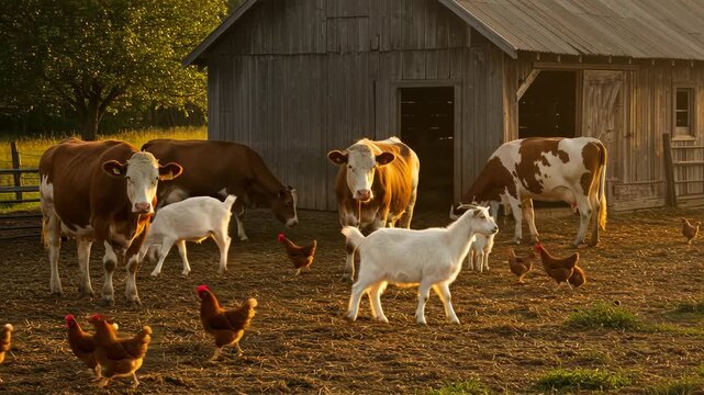 Cows Goats and Chickens Gather Near an Old Barn Under Soft Light in a Rural Setting Depicting Agriculture and Livestock Farm