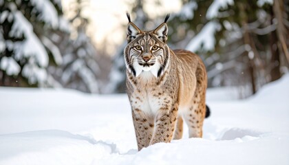 Fototapeta premium A majestic lynx gracefully navigating through a snowy landscape. 