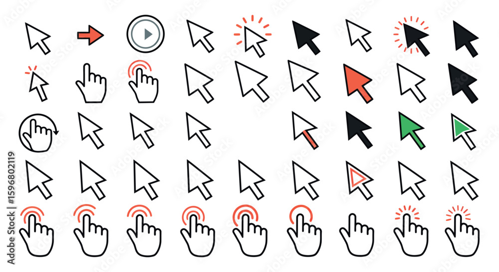 Aufkleber cursor and pointer click icons in flat design for digital interfaces