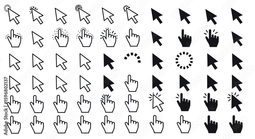 Fototapete diverse cursor and hand click icons in outline and solid styles for digital interfaces