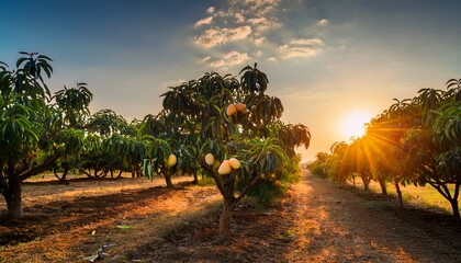 trees with mangoes at sunset