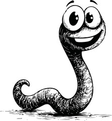 Fototapeta premium Cheerful cartoon worm with big eyes in black and white sketch illustration. Vector illustration