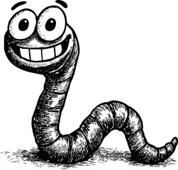 Fototapeta premium Happy cartoon worm with big eyes and a wide smile in black and white illustration. Vector illustration