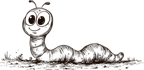 Smiling cartoon worm with large eyes on dirt ground, sketch illustration. Vector illustration