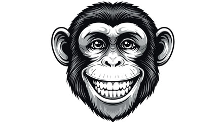 Grinning chimpanzee head with monochrome detailed art style on white background