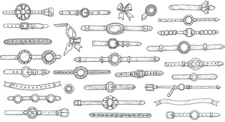 Hand-drawn fashion accessories collection of stylish belts with ornamental designs