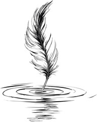 Feather creating ripples as it gently falls on water, ink illustration. Vector illustration