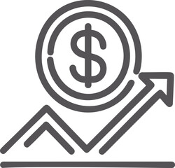 Financial growth icon with dollar symbol and upward arrow in gray line art. Vector illustration