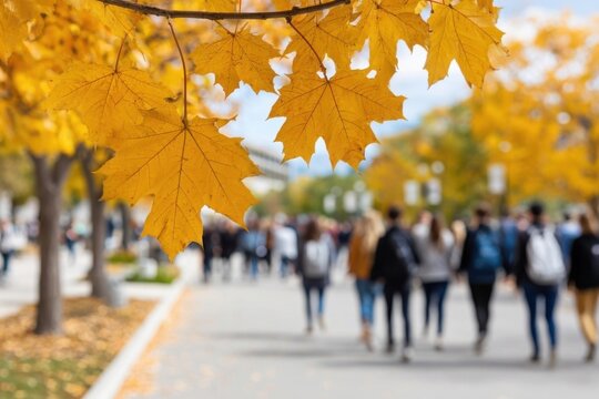 Golden maple leaves hang from a branch, blurred people walk on a path in the background, enjoying a beautiful autumn day. - Powered by Adobe