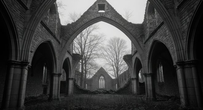 Gothic ruins with arched architecture stand against a foggy sky