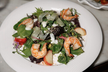 Fresh shrimp salad plated with vibrant mixed greens, juicy apple slices, and creamy dressing, creating a healthy and refreshing dish perfect for a gourmet meal or casual dining.
