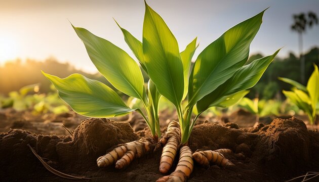 this close up highlights a turmeric plant thriving in its natural habitat debuting lush green leaves above and sturdy roots below the image reflects its healthy growth in the field
