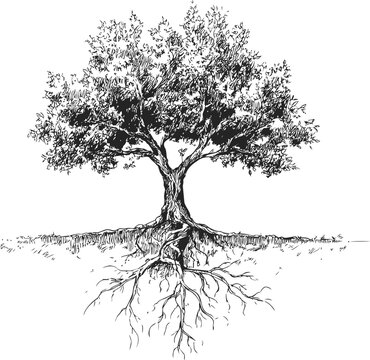Intricate black and white illustration of a tree with exposed roots. Vector illustration
