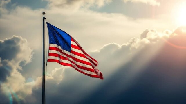 The American flag waves proudly against a dramatic, sunlit, cloudy sky background.