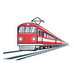 Red Commuter Train Rushing Along Rail Tracks, Overhead Electrical Wires