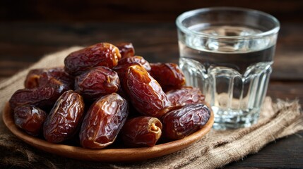 Obraz premium Dates and water on a wooden surface
