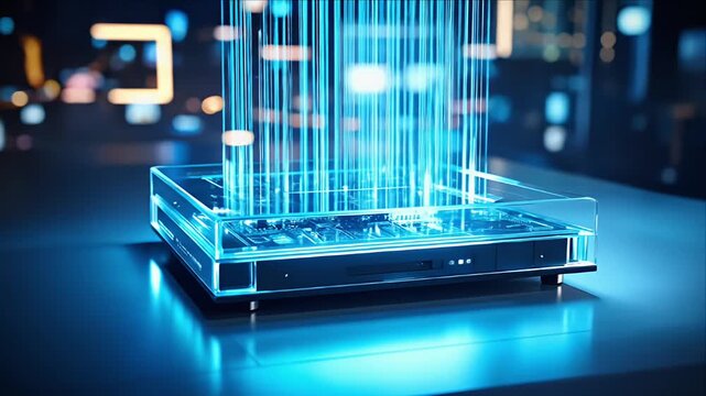 A digital device with vertical light beams, in a glowing, futuristic scene