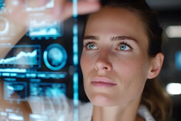 A woman is looking at a computer screen with a lot of graphs and numbers