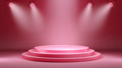 Pink podium stage with ramp lights, vector ceremony award and show scene. Empty podium stage with spotlight, concert red pedestal or fashion round platform in 3D, illuminated with spot lamps