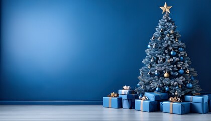blue wall and blue christmas tree with gift boxes
