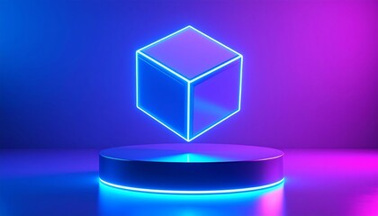 Neon cube on a dark podium