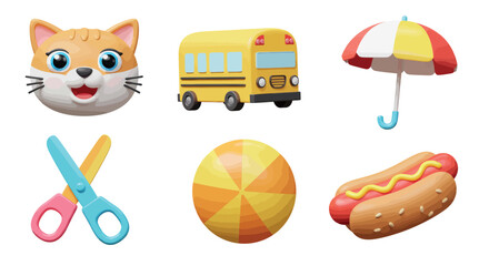 Fototapeta premium Colorful cartoon set: cat, school bus, umbrella, scissors, beach ball, hot dog