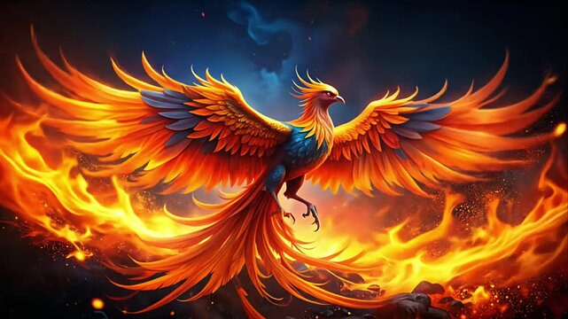 A fiery bird with vast wings ascends above vibrant flames