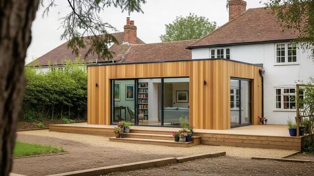Architectural House Extension Featuring Modern Wooden Cladding Large Glass Doors and Spacious Deck