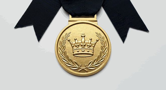 Golden medal with crown and laurel design on dark ribbon