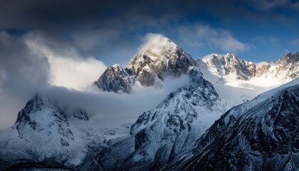 Obraz premium majestic mountain peaks shrouded in dramatic winter clouds a breathtaking landscape of snow capped mountains swirling mist and dynamic light