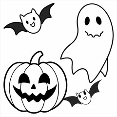 A vector of happy Halloween  elements set outline in doodle style