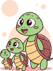 Obraz premium Three cartoon turtles walking together with peach circles