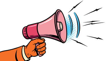 Vibrant pop art style announcement with megaphone and sound effects
