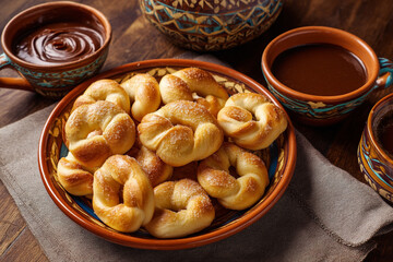 A table of Nicaraguan rosquillas cookies served alongside bowls of dulce de leche and steaming cups of fresh coffee.