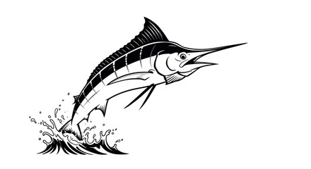 Obraz premium Dynamic marlin leaping from water: black and white graphic of sport fishing