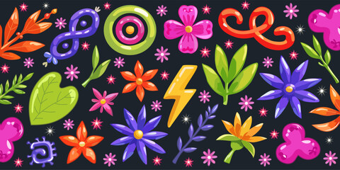 Summer abstract background .Beautiful 90s-style children's stickers.Space sky with stars