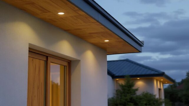 Warm Soffit Lights Illuminating Modern House Exterior Wall at Dusk