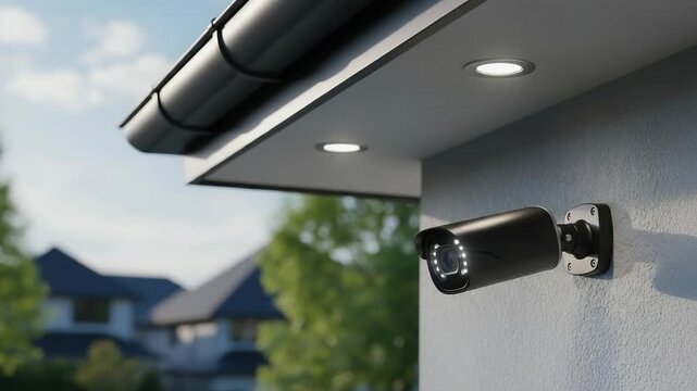 Black Security Camera Monitoring Modern House Exterior During Bright Daytime Fixed View