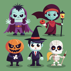 Fototapeta premium Cute halloween characters including a skeleton vampire pumpkin witch and mummy