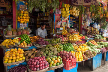 The vibrant, bustling atmosphere of a local Nicaraguan market stall, overflowing with fresh produce and vibrant tropical fruits.