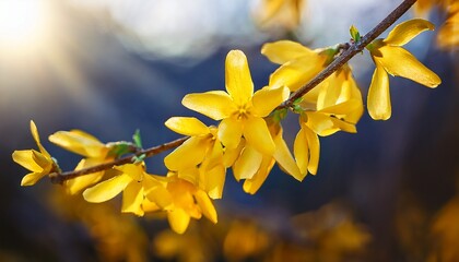 Obraz premium beautiful spring yellow forsythia blossom flowers blooming