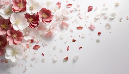 an elegant minimalist white background with flowers falling down bursting the space and making the background floral