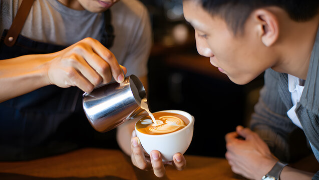Barista pouring latte art; close-up, warm lighting, professional coffee shop setting.