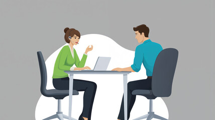 Business consultation at a table. Two people, one in green shirt, one in blue shirt, focused on a task. Silver table surface, gray background, white line on wall.