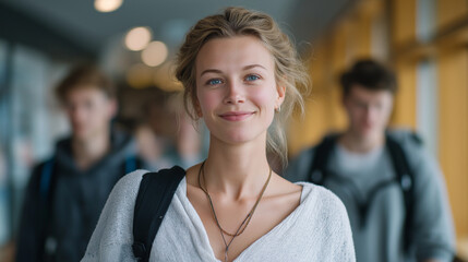 A woman in a hallway with students walking behind her