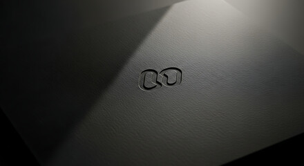 Close-up shows an elegant black leather surface subtly embossed with a refined modern logo in a minimalist style.