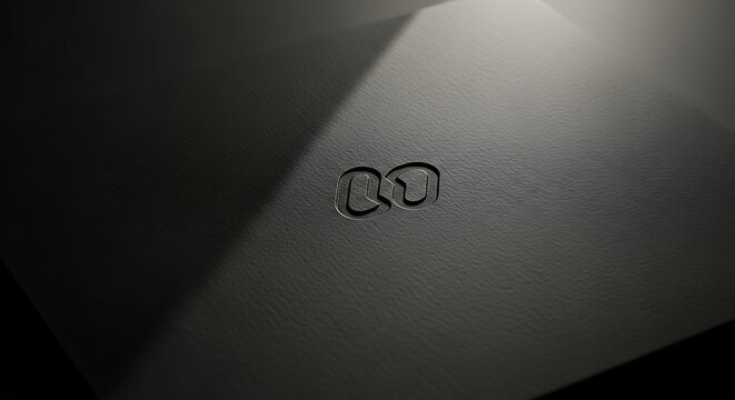 Close-up shows an elegant black leather surface subtly embossed with a refined modern logo in a minimalist style.