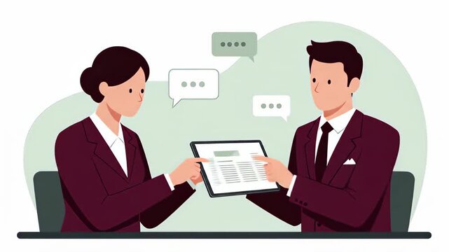 Flat vector a man and a woman are having a business meeting, using a tablet to present data and discuss strategy, fostering teamwork and collaboration in a modern office setting