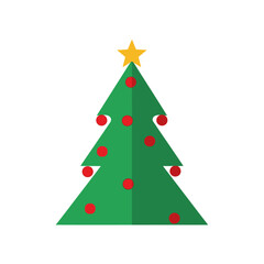 Fototapeta premium A stylized Christmas tree illustration, green with red ornaments and a yellow star on top, isolated on a white background.