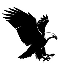 Obraz premium A striking black and white illustration of a bald eagle in flight, wings spread, talons extended, ready to strike.